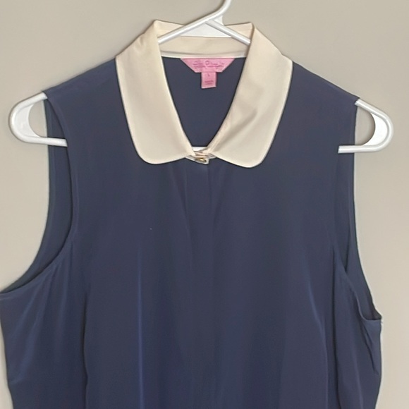 Lilly Pulitzer Silk Navy Blue Off-White Collar Sleeveless top- Large - Picture 2 of 12